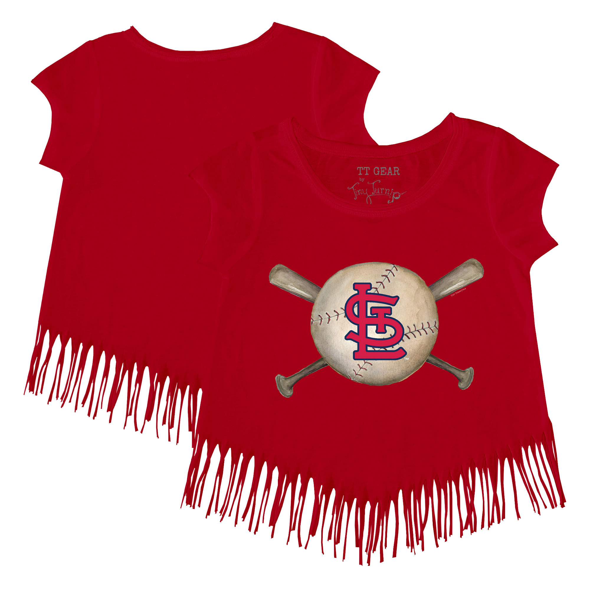 Girls Toddler Tiny Turnip Red St. Louis Cardinals Baseball Cross Bats Fringe T-Shirt - Image 2