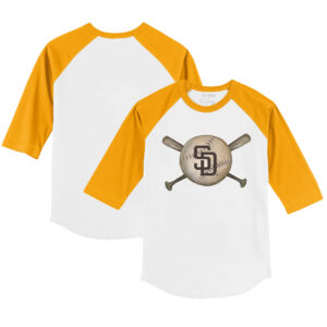 Toddler Tiny Turnip White/Gold San Diego Padres Baseball Cross Bats 3/4-Sleeve Raglan T-Shirt