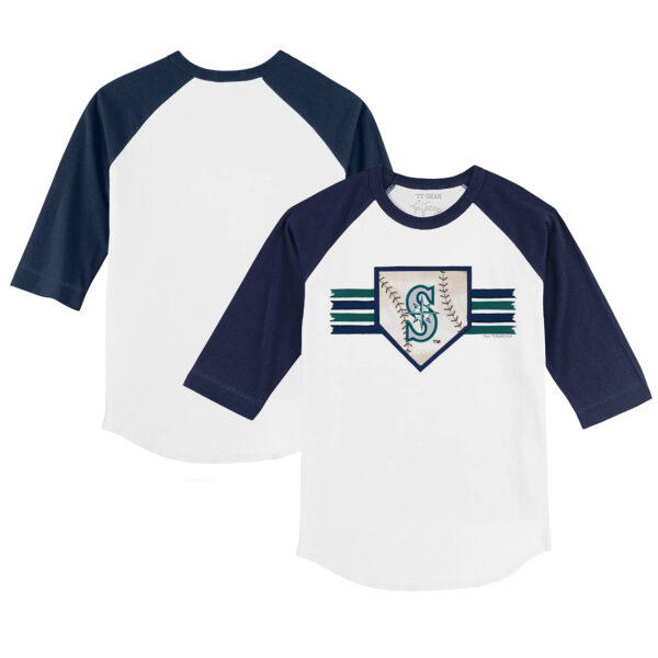 Youth Tiny Turnip White/Navy Seattle Mariners Base Stripe 3/4-Sleeve Raglan T-Shirt - Image 5