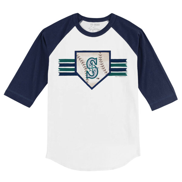 Youth Tiny Turnip White/Navy Seattle Mariners Base Stripe 3/4-Sleeve Raglan T-Shirt - Image 6