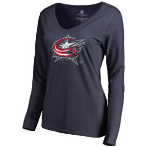 Women's Navy Columbus Blue Jackets Splatter Logo V-Neck Long Sleeve T-Shirt
