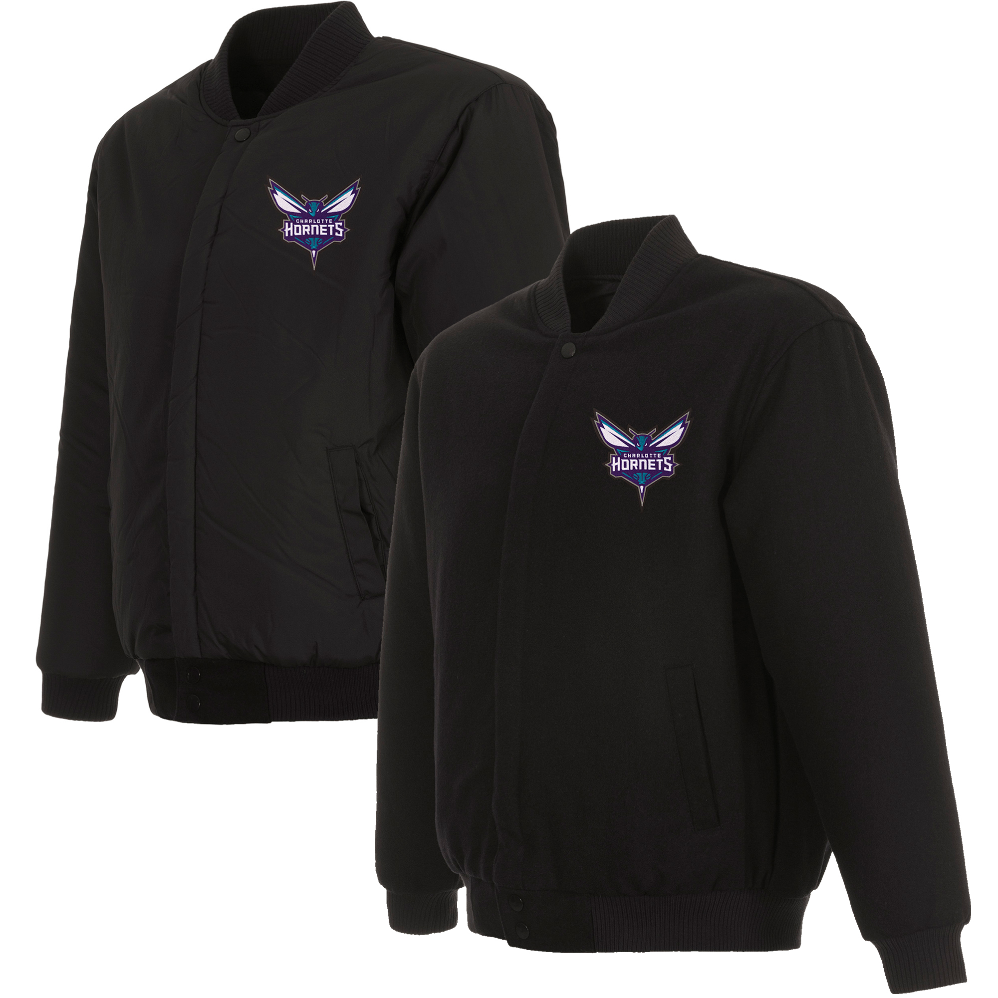 Men's JH Design Black Charlotte Hornets Reversible Front Embroidered Wool Full-Snap Jacket