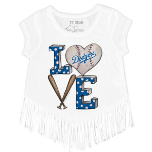 Girls Youth Tiny Turnip White Los Angeles Dodgers Baseball Love Fringe T-Shirt