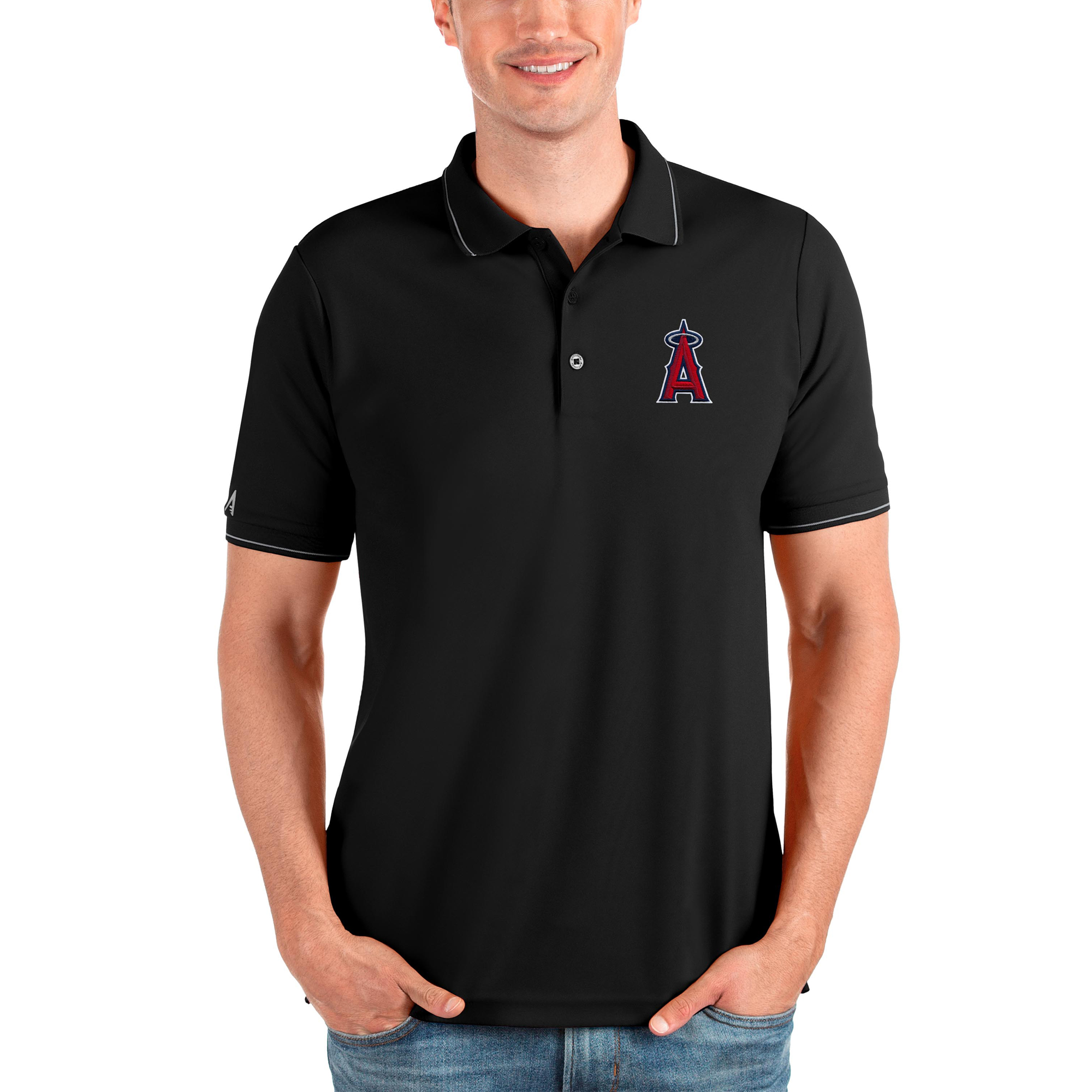 Men's Antigua Black Los Angeles Angels Affluent Polo