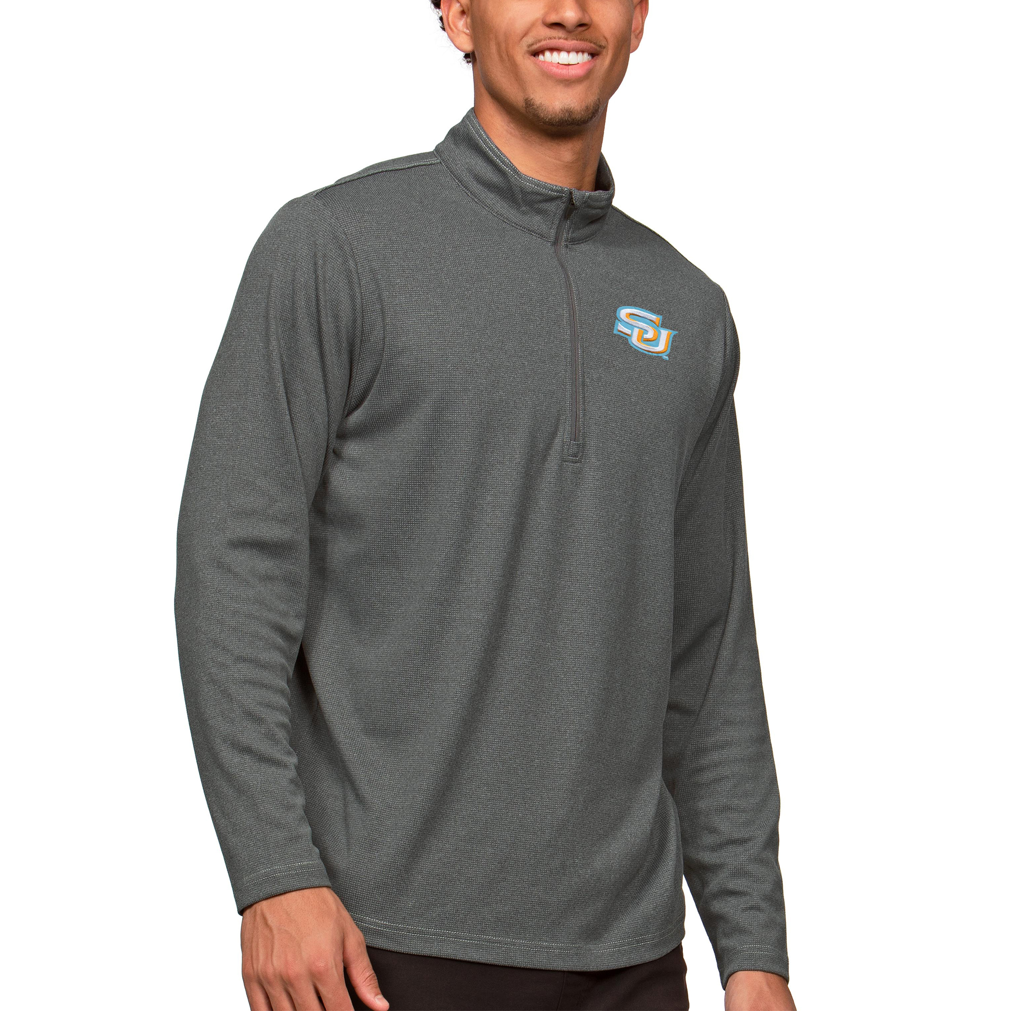 Men's Antigua Heather Charcoal Southern University Jaguars Epic Quarter-Zip Pullover Top