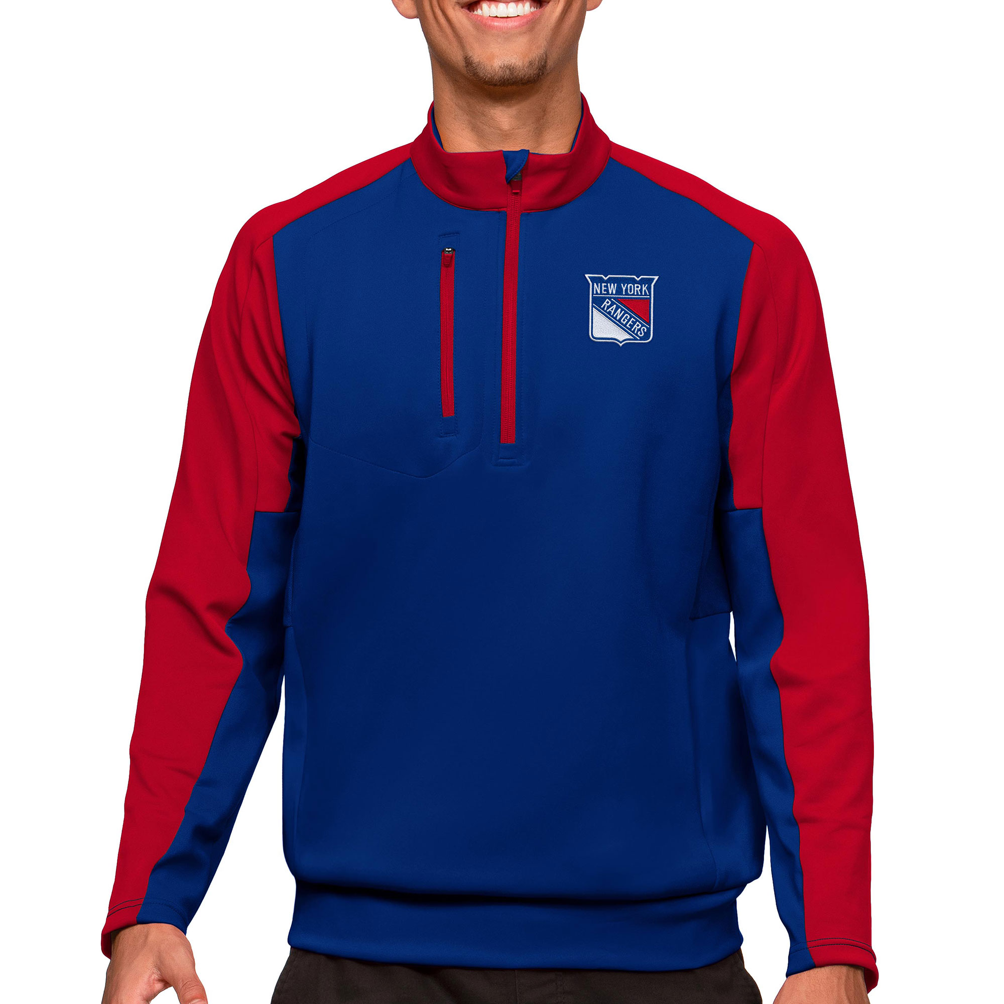 Men's Antigua Royal/Red New York Rangers Quarter-Zip Pullover Top