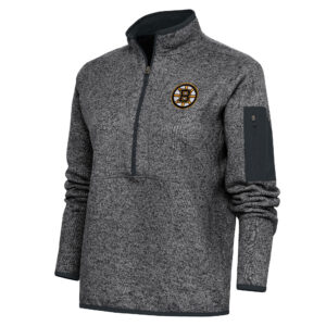 Women's Antigua Heather Charcoal Boston Bruins Team Logo Fortune Quarter-Zip Jacket