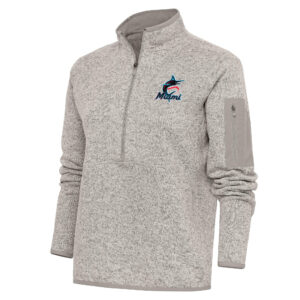 Women's Antigua Oatmeal Miami Marlins Logo Fortune Quarter-Zip Pullover Jacket