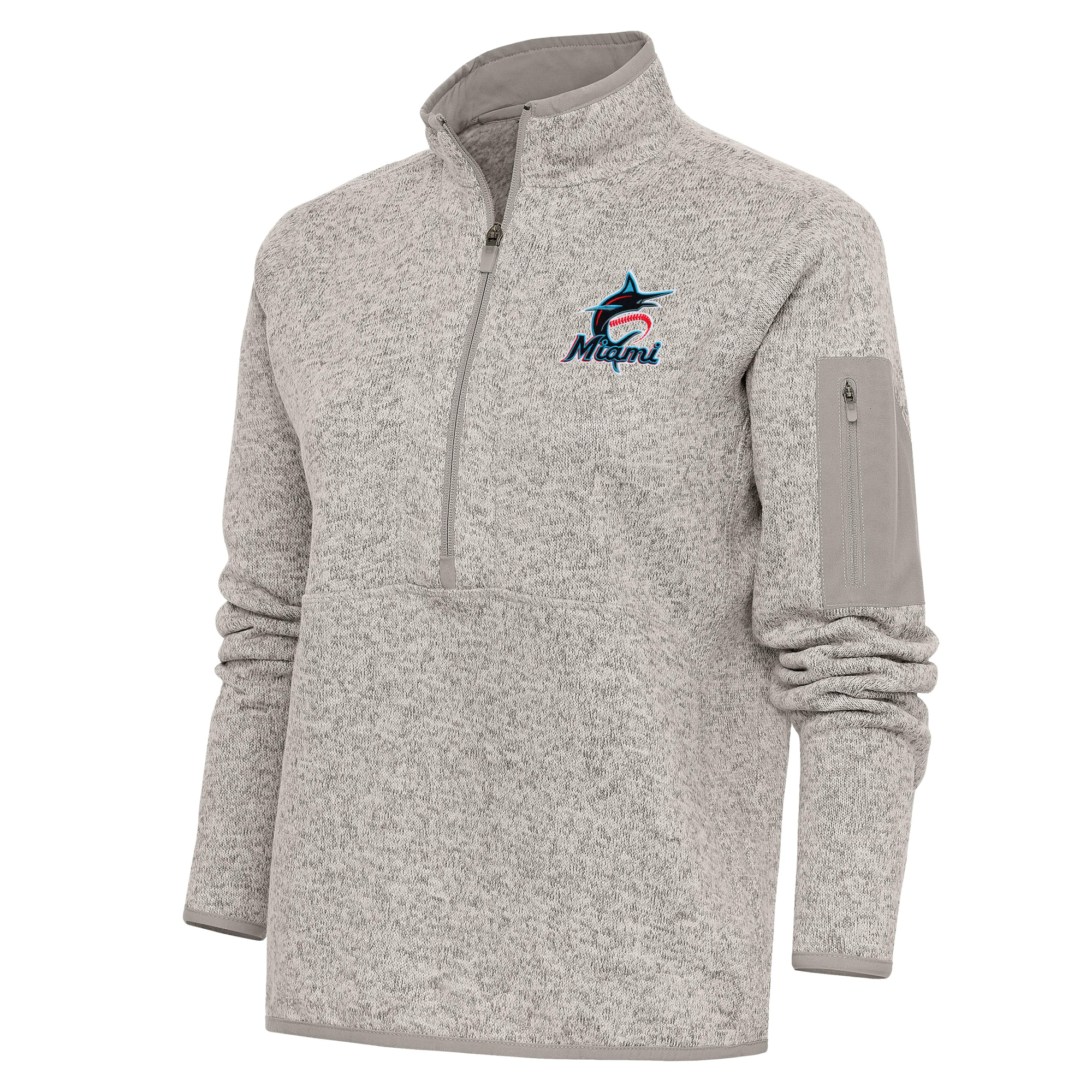 Women's Antigua Oatmeal Miami Marlins Logo Fortune Quarter-Zip Pullover Jacket