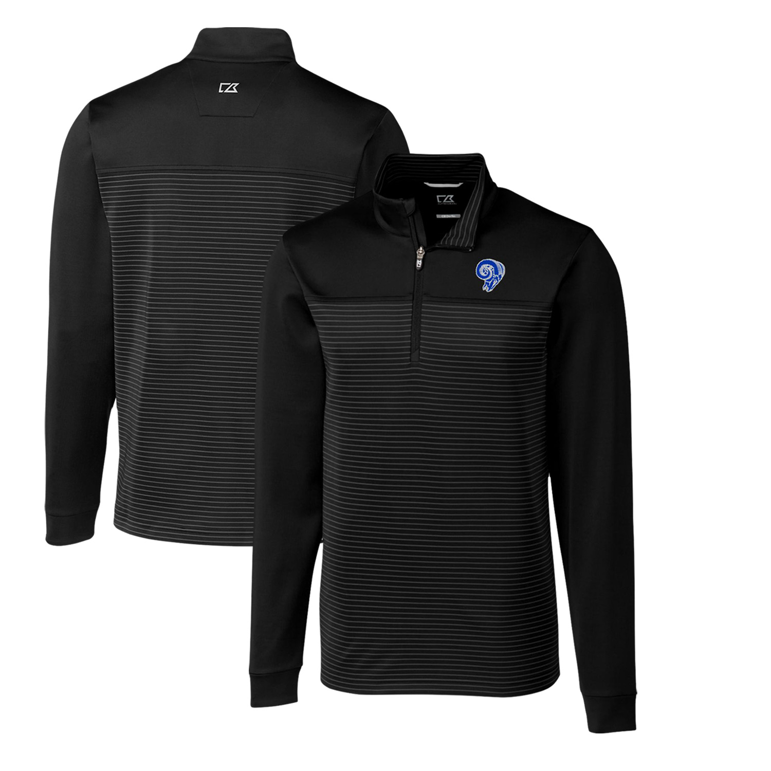Men's Cutter & Buck Black Los Angeles Rams Throwback Logo Traverse Stripe Stretch Quarter-Zip Big & Tall Pullover Top