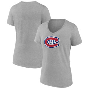 Women's Heather Gray Montreal Canadiens Primary Logo Team V-Neck T-Shirt