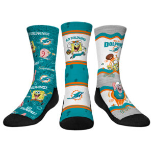 Youth Rock Em Socks Miami Dolphins NFL x Nickelodeon Spongebob Squarepants 3-Pack Crew Socks Set