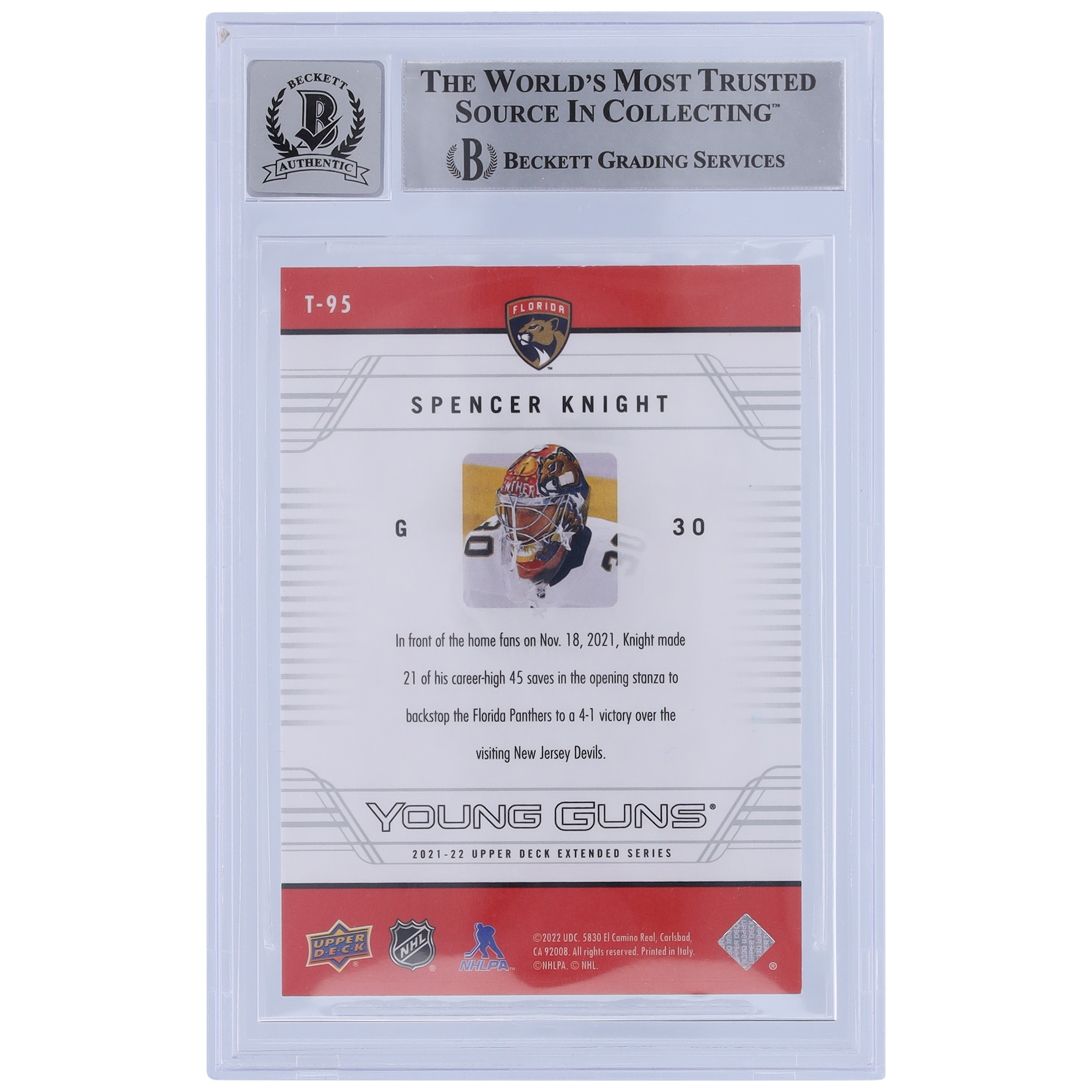 Spencer Knight Florida Panthers Autographed 2021-22 Upper Deck Young Guns Retro 06-07 #T-95 Beckett Fanatics Witnessed Authenticated 10 Rookie Card - Image 7