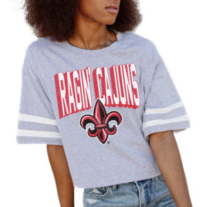 Women's Gameday Couture Gray Louisiana Ragin' Cajuns No Shortcuts Drop Shoulder Sleeve Stripe Cropped T-Shirt