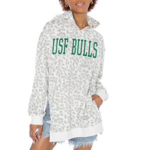 Women's Gameday Couture White South Florida Bulls Home Team Advantage Leopard Print Oversized Side-Slit Pullover Hoodie