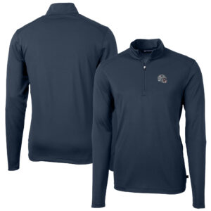 Men's Cutter & Buck  Navy New England Patriots Helmet Virtue Eco Pique Recycled Quarter-Zip Pullover Top