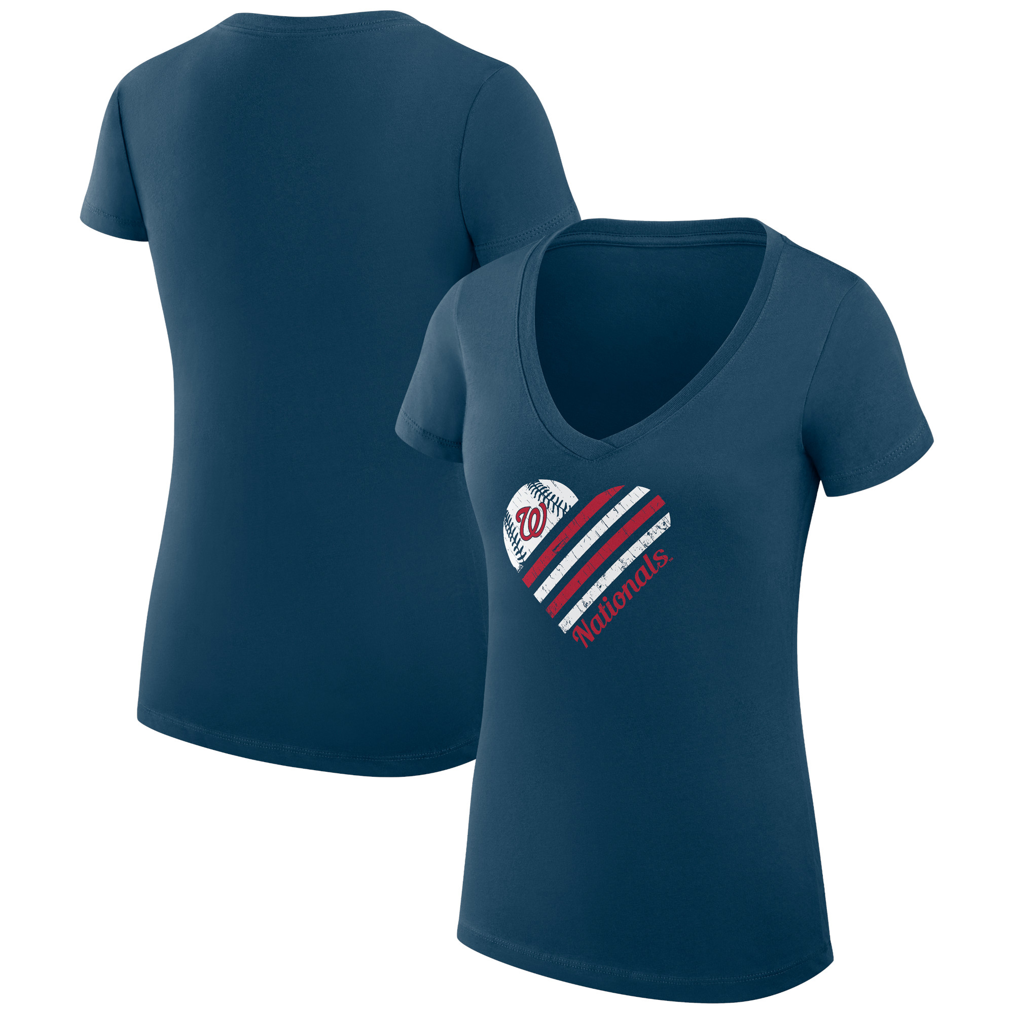 Women's G-III 4Her by Carl Banks Navy Washington Nationals Heart V-Neck Fitted T-Shirt