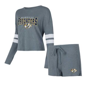 Women's Concepts Sport Gray Nashville Predators Meadow Long Sleeve T-Shirt & Shorts Sleep Set