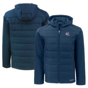 Men's Cutter & Buck Navy Buffalo Bills Helmet Evoke Hybrid Eco Softshell Recycled Full-Zip Hoodie Jacket