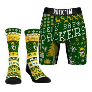 Men's Rock Em Socks Green Bay Packers Retro Throwback Holiday Tacky Sweater Underwear and Crew Socks Combo Pack
