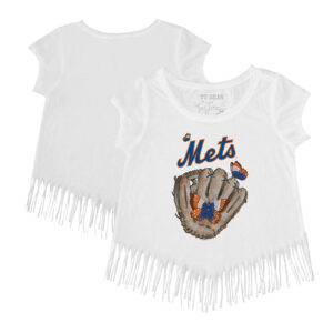 Girls Youth Tiny Turnip White New York Mets Butterfly Glove Fringe T-Shirt