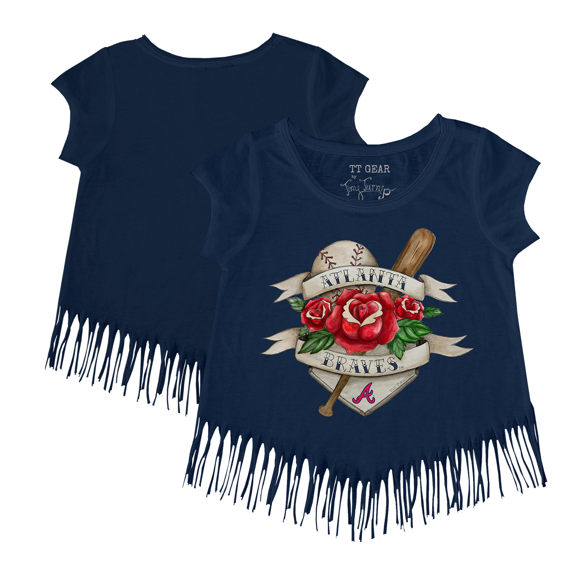 Girls Youth Tiny Turnip Navy Atlanta Braves Tattoo Rose Fringe T-Shirt