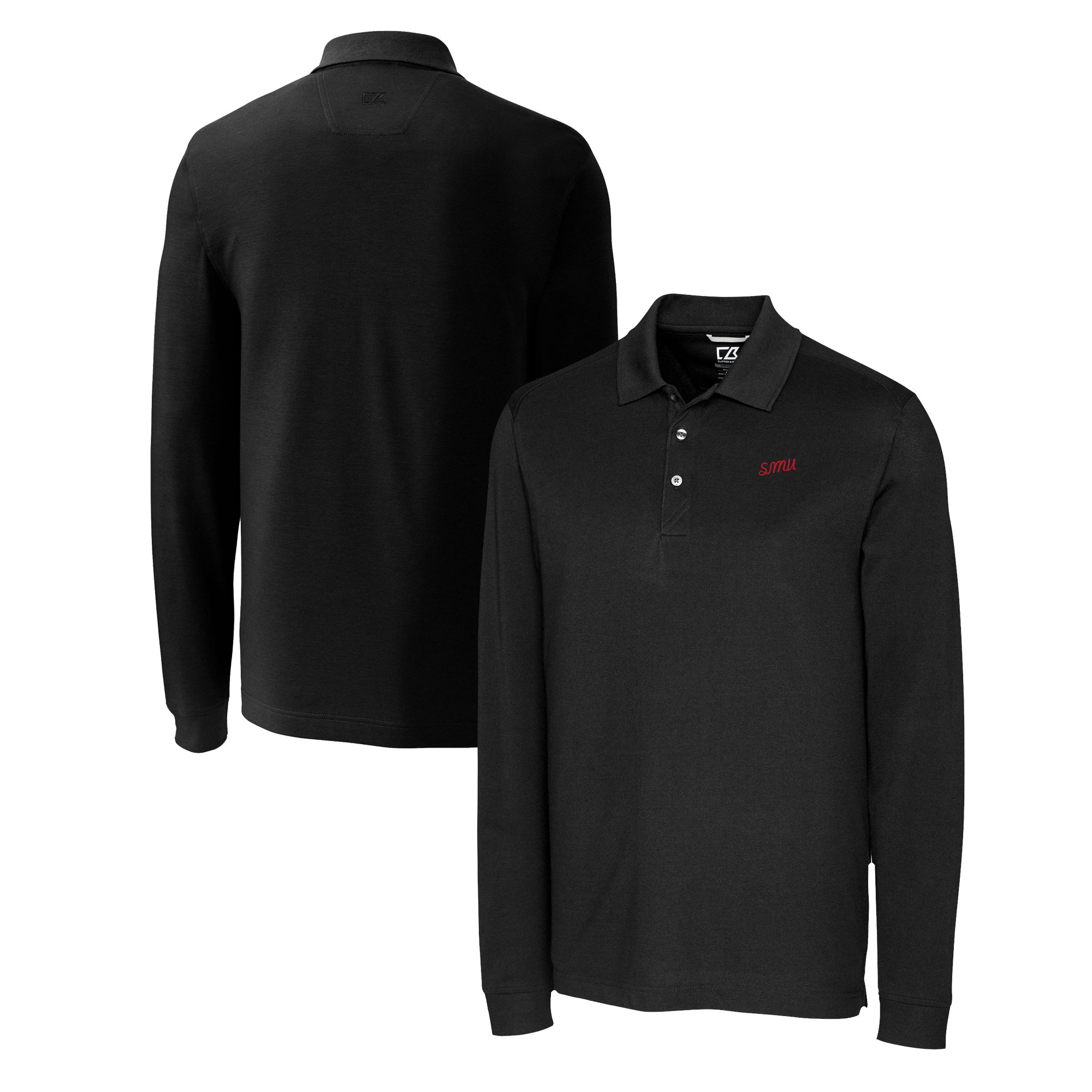 Men's Cutter & Buck Black SMU Mustangs Advantage Tri-Blend Pique Long Sleeve DryTec Polo