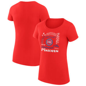 Women's G-III 4Her by Carl Banks Red Detroit Pistons Team Name Collage Fitted Graphic T-Shirt