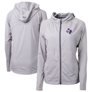 Women's Cutter & Buck Gray Texas Rangers Cooperstown Collection Adapt Eco Knit Hybrid Recycled Full-Zip Hoodie