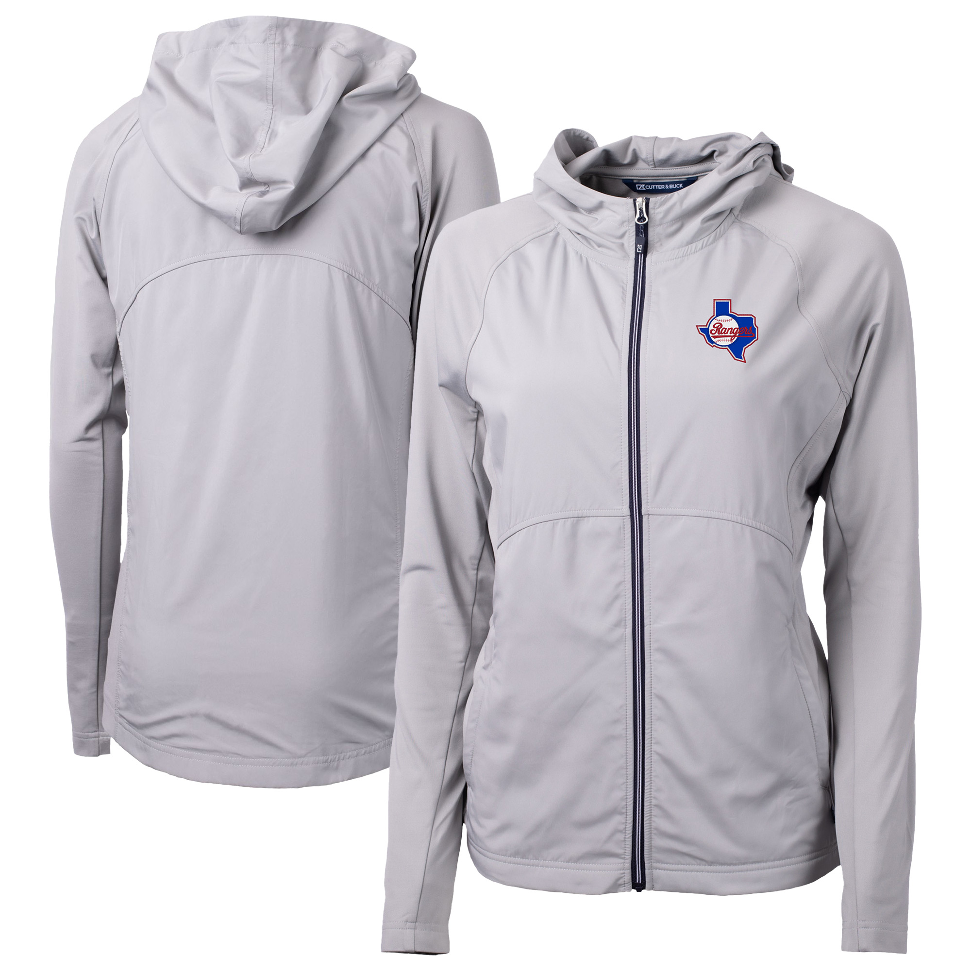 Women's Cutter & Buck Gray Texas Rangers Cooperstown Collection Adapt Eco Knit Hybrid Recycled Full-Zip Hoodie
