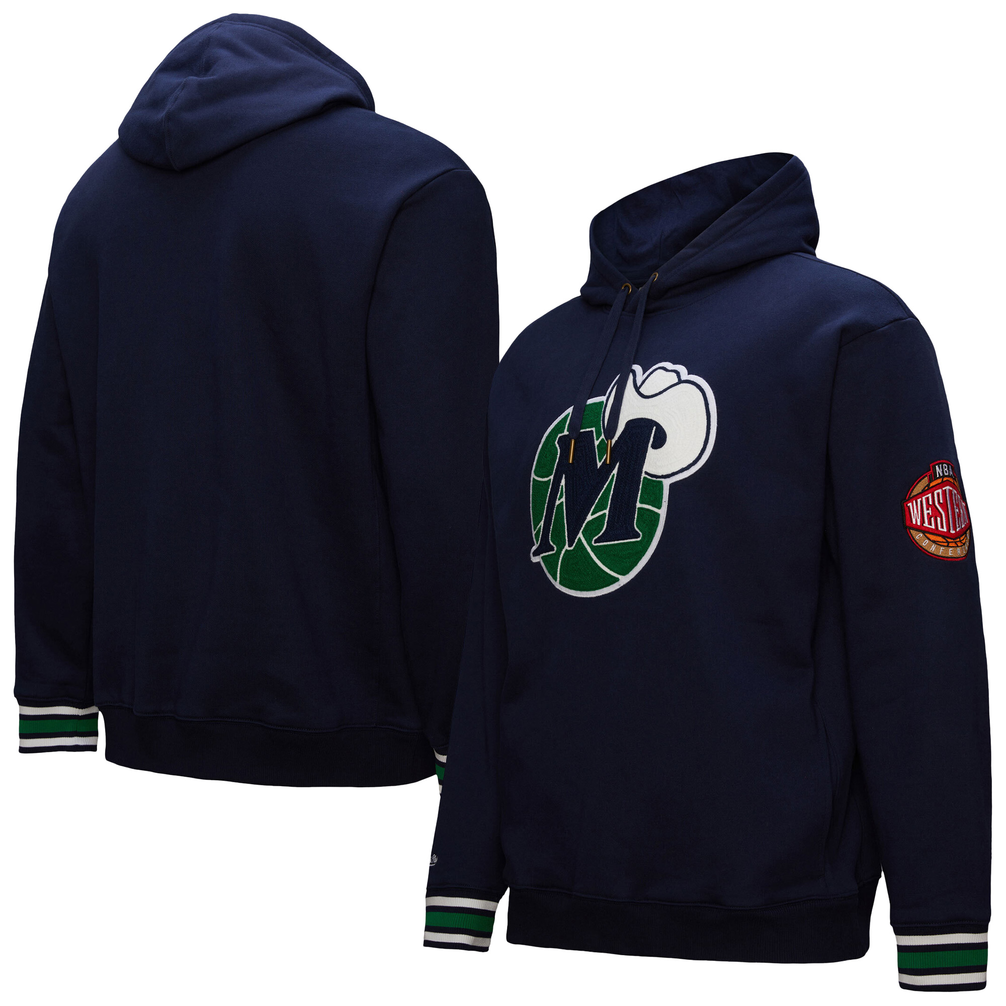 Men's Mitchell & Ness Navy Dallas Mavericks Chainstitch Applique Vintage Heavyweight Pullover Hoodie