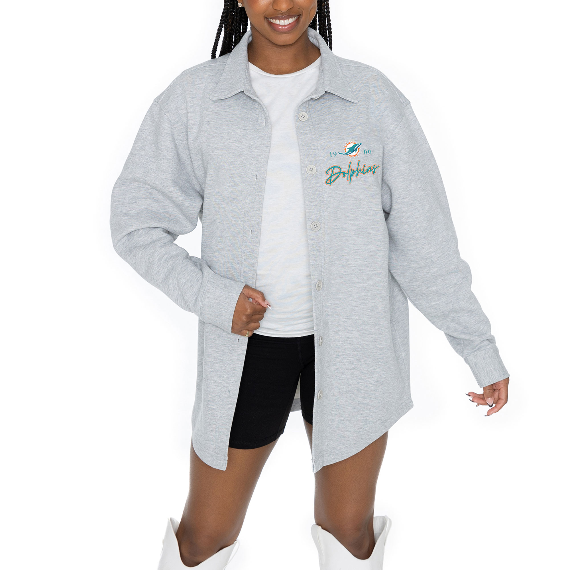 Women's Gameday Couture Ash Miami Dolphins Full-Button Long Sleeve Overshirt