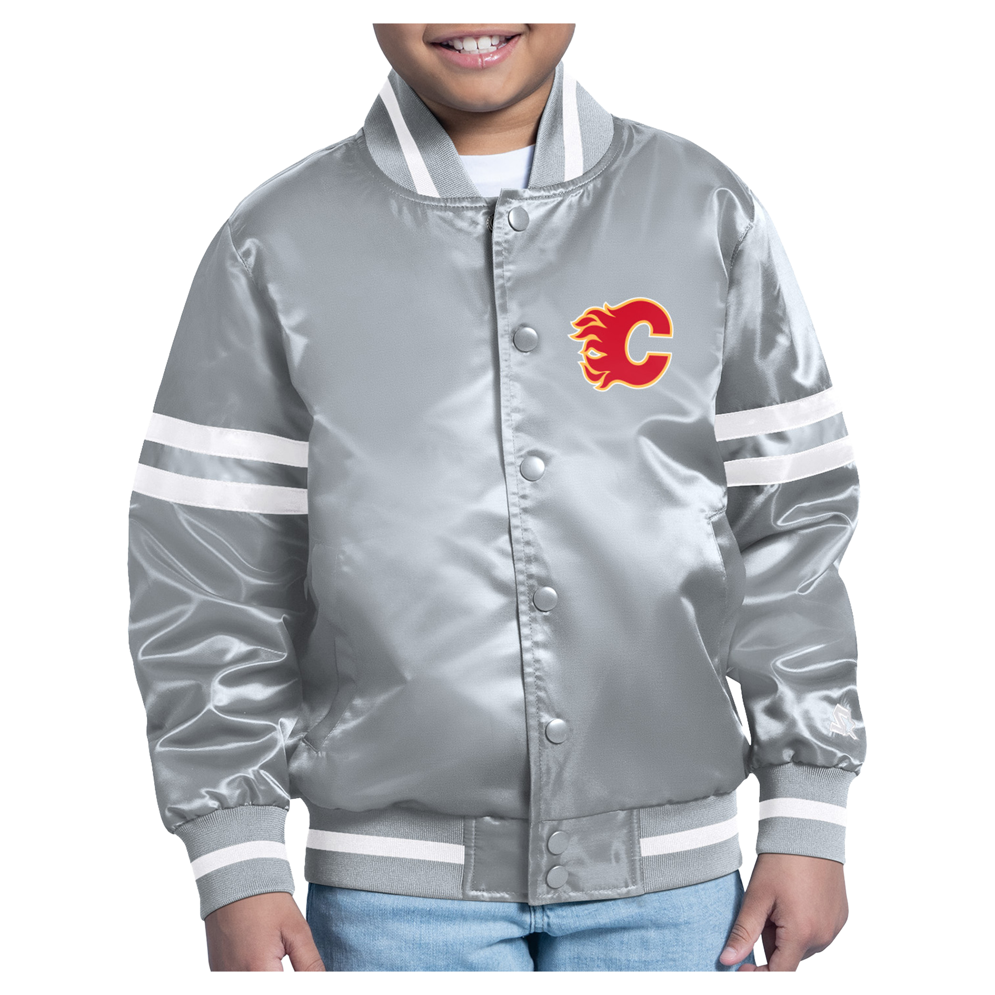 Youth Starter Gray Calgary Flames Starter Printed Logo Satin Varsity Full-Snap Jacket