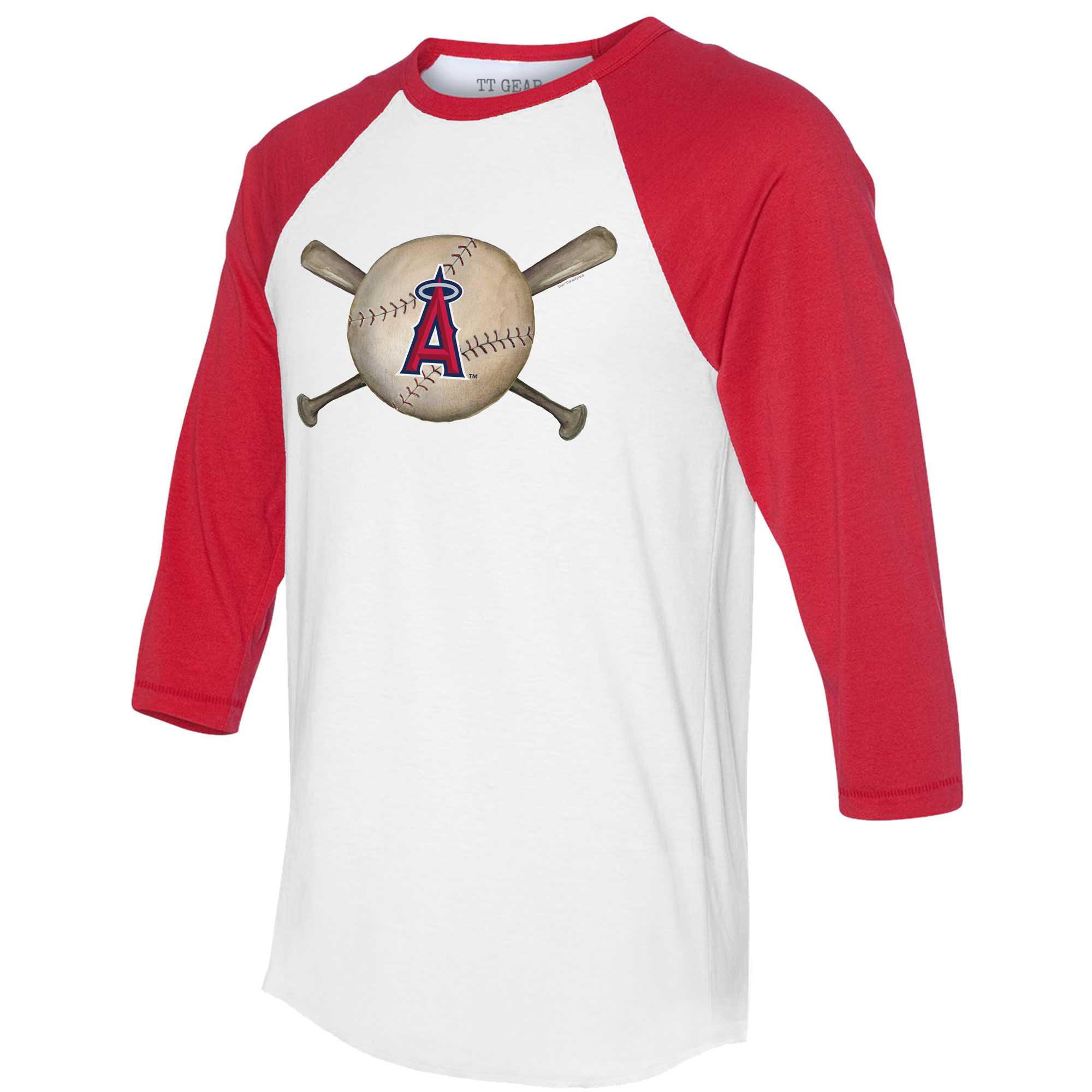 Women's Tiny Turnip White/Red Los Angeles Angels Baseball Cross Bats 3/4-Sleeve Raglan T-Shirt - Image 8
