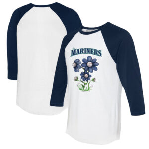 Women's Tiny Turnip White/Navy Seattle Mariners Blooming Baseballs 3/4-Sleeve Raglan T-Shirt