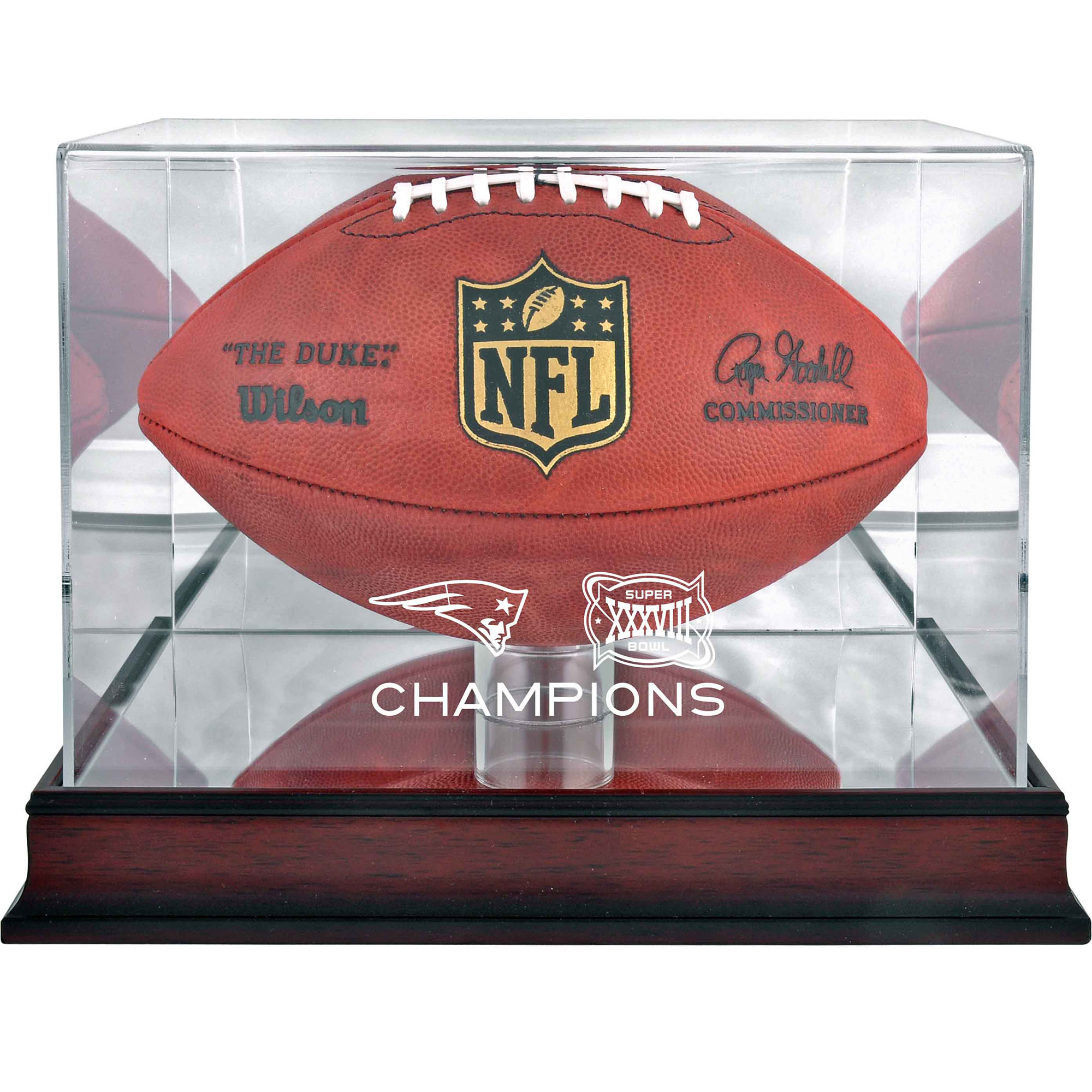 New England Patriots Super Bowl XXXVIII Champions Mahogany Football Logo Display Case