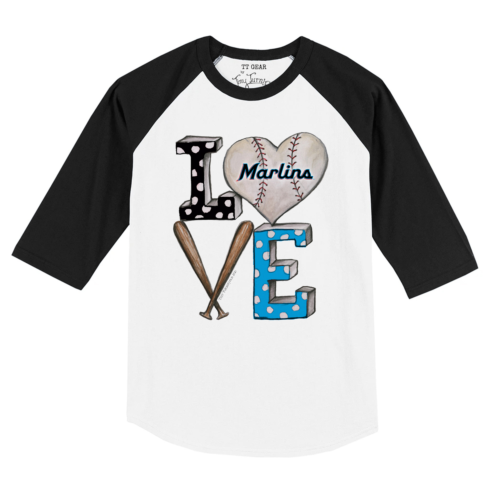 Toddler Tiny Turnip White/Black Miami Marlins Baseball Love Raglan 3/4 Sleeve T-Shirt