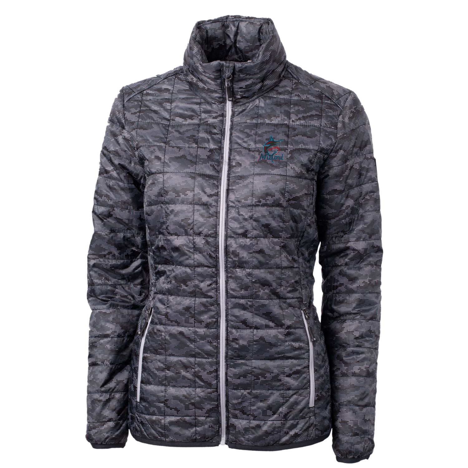 Women's Cutter & Buck Black Miami Marlins Rainier PrimaLoft Printed Full-Zip Puffer Jacket