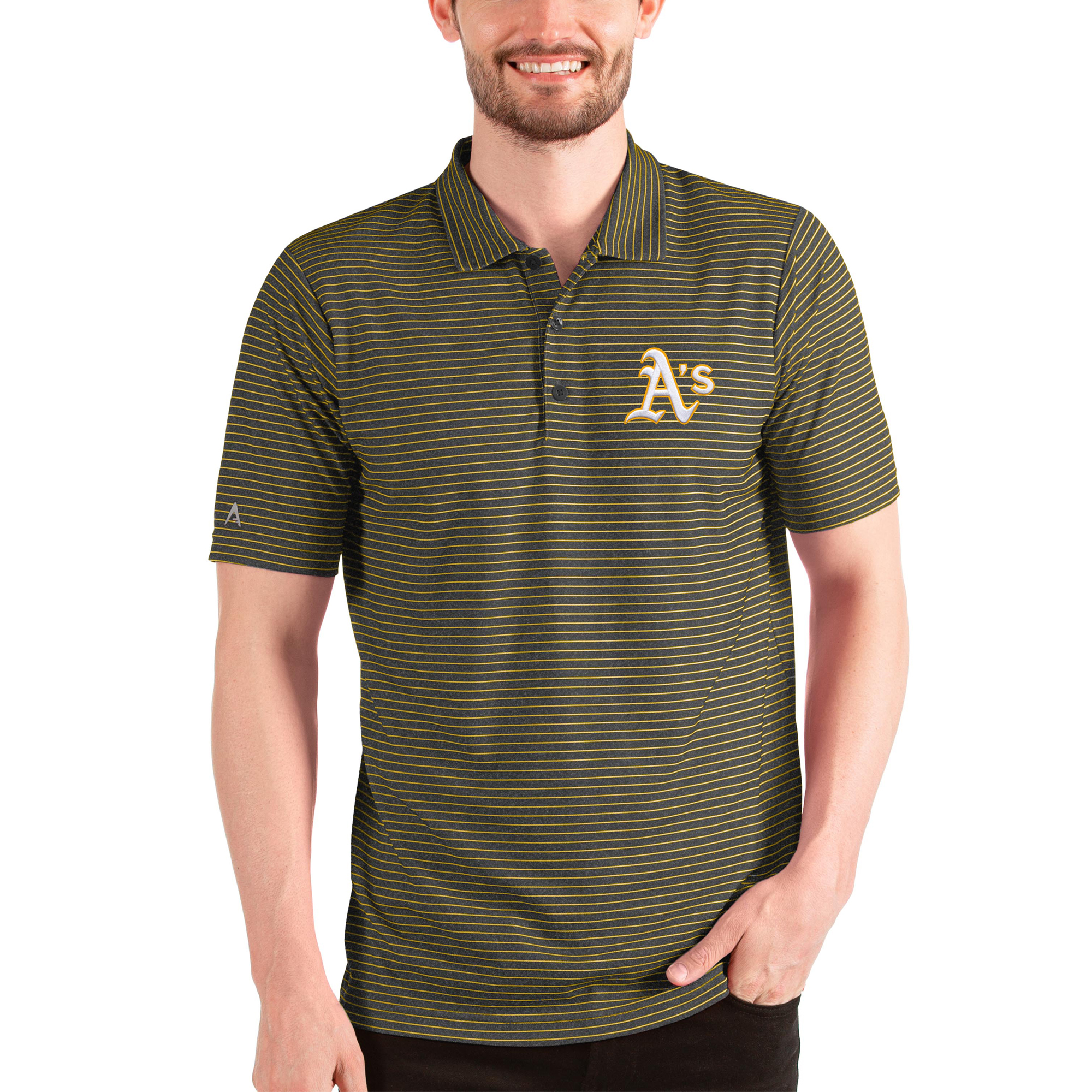 Men's Antigua Heathered Black/Gold Athletics Esteem Polo