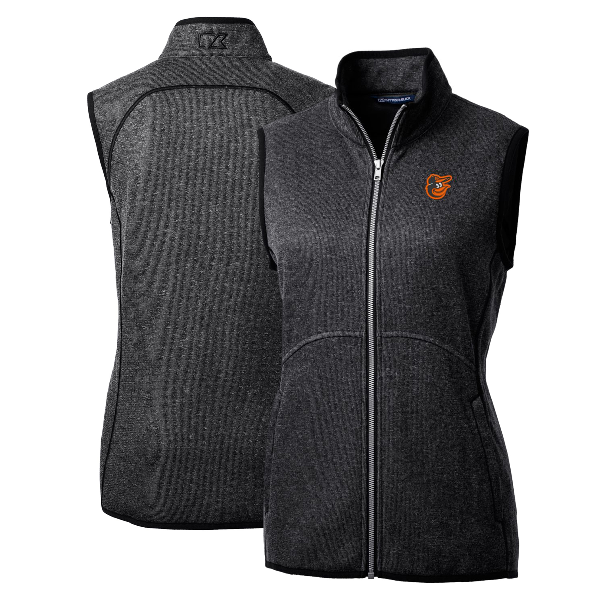 Women's Cutter & Buck Heathered Charcoal Baltimore Orioles Mainsail Sweater-Knit Full-Zip Vest - Image 2