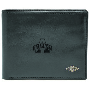 Men's Fossil Black UAlbany Great Danes Leather Ryan RFID Flip ID Bifold Wallet