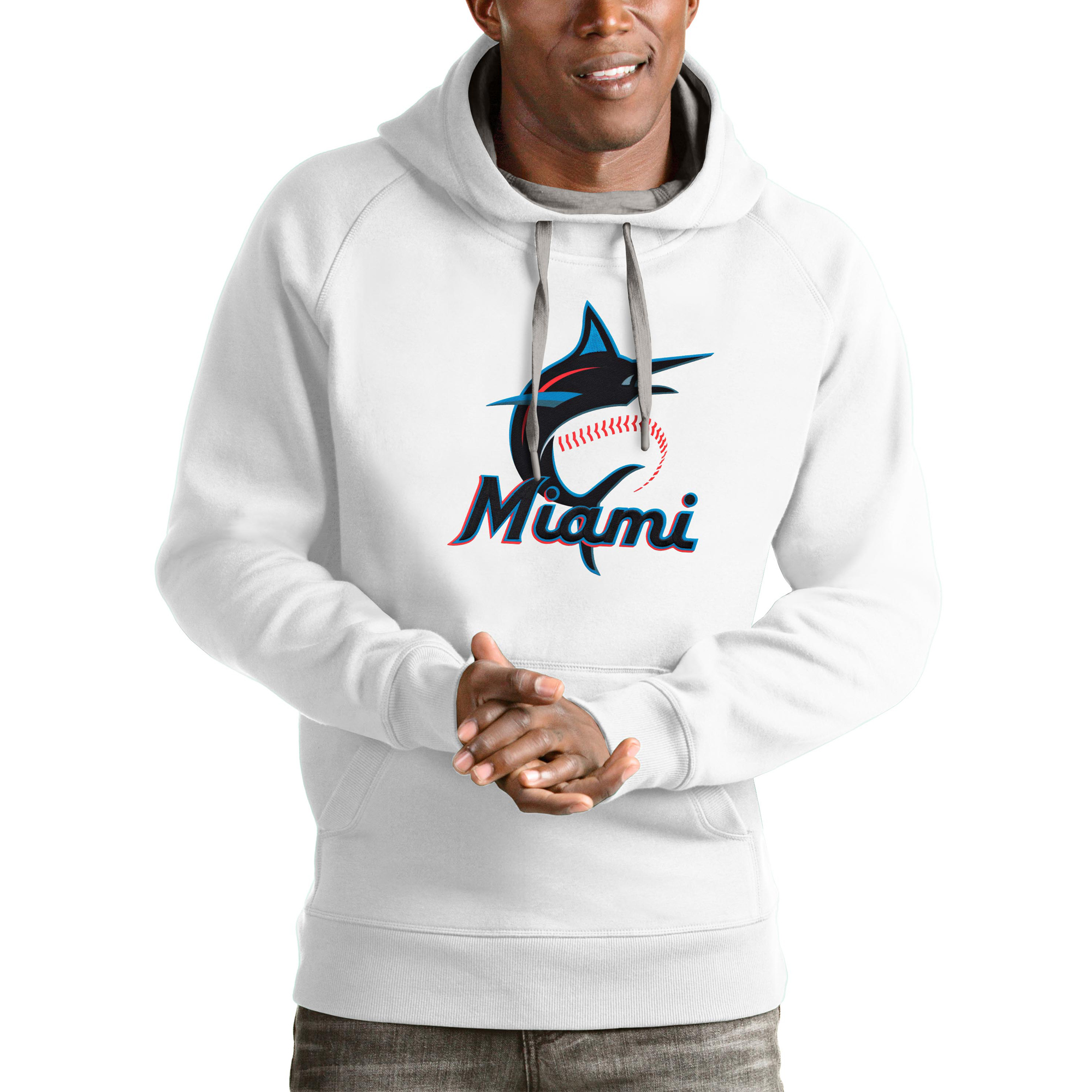 Men's Antigua White Miami Marlins Victory Pullover Team Logo Hoodie