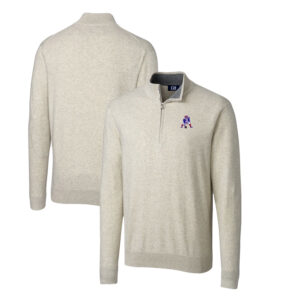 Men's Cutter & Buck Oatmeal New England Patriots Throwback Logo Lakemont Tri-Blend Quarter-Zip Pullover Sweater