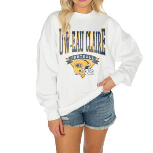 Women's Gameday Couture White Wisconsin Eau Claire Blugolds Good Vibes Premium Fleece Drop Shoulder Pullover Sweatshirt