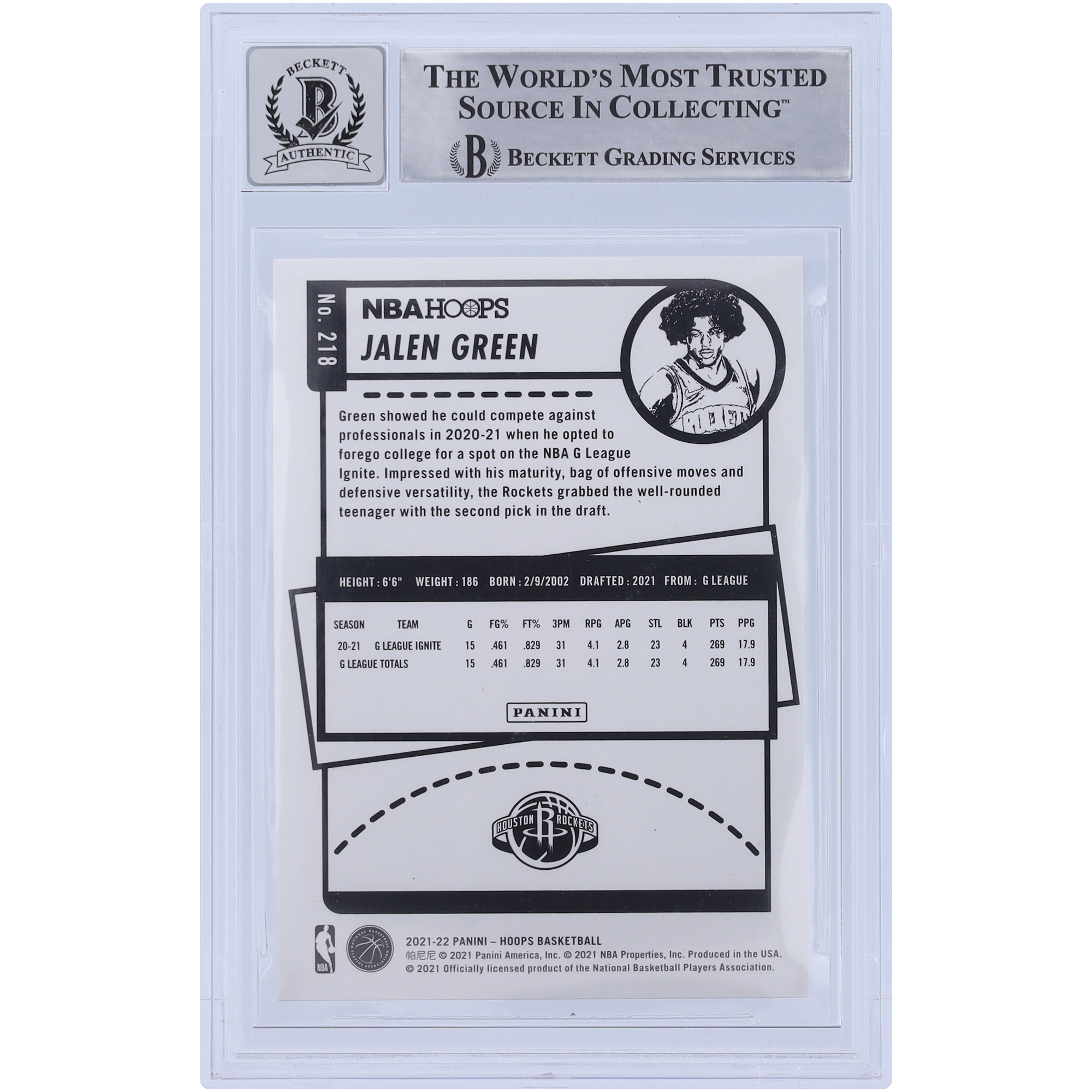 Jalen Green Houston Rockets Autographed 2021-22 Panini NBA Hoops #218 Beckett Fanatics Witnessed Authenticated 10 Rookie Card - Image 5