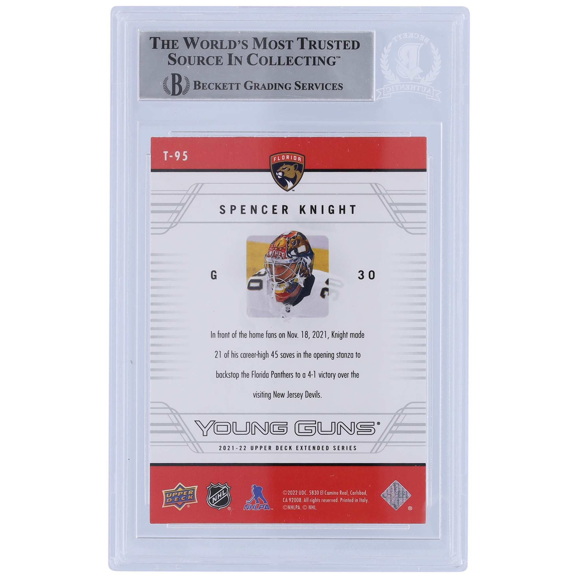 Spencer Knight Florida Panthers Autographed 2021-22 Upper Deck Young Guns Retro 06-07 #T-95 Beckett Fanatics Witnessed Authenticated Rookie Card - Image 5
