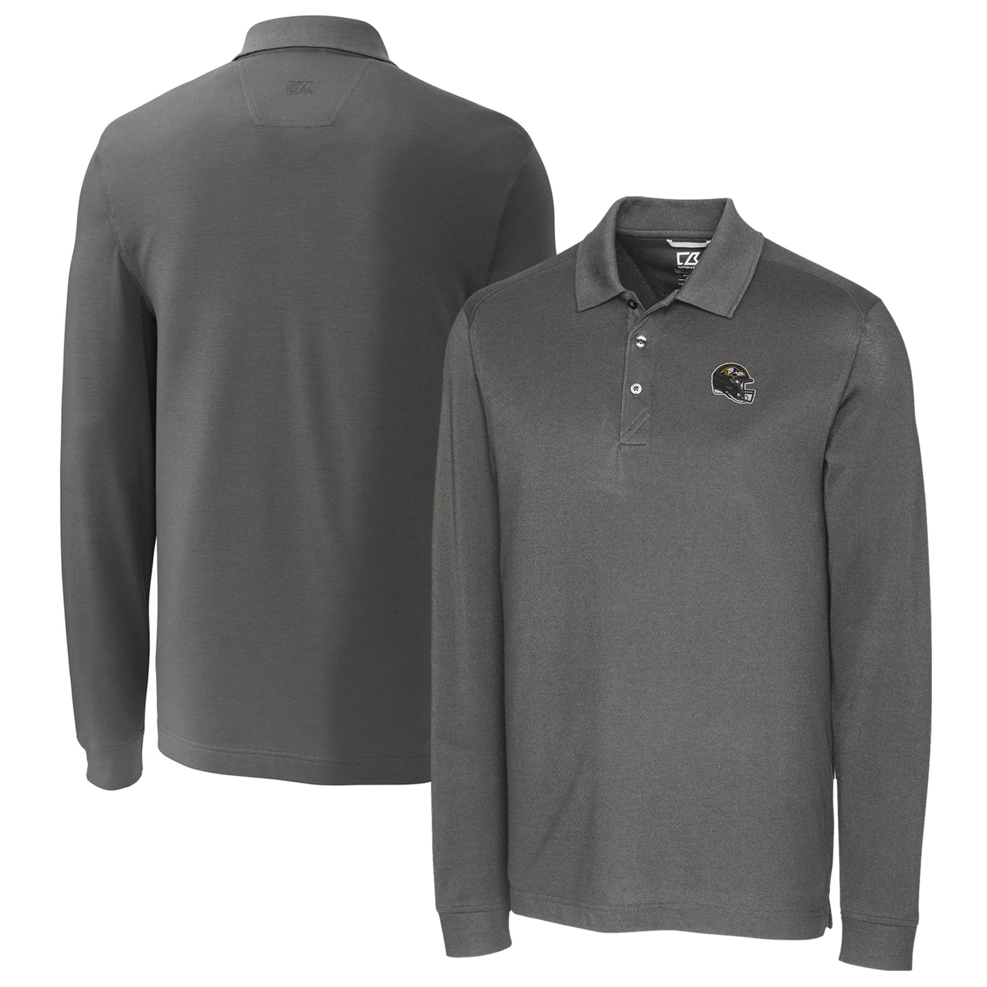Men's Cutter & Buck Gray Baltimore Ravens Helmet Advantage Tri-Blend Pique Long Sleeve Polo
