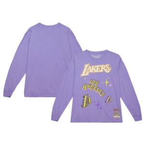 Men's Mitchell & Ness Lavender Los Angeles Lakers  Hardwood Classics Sidewalk Sketch Long Sleeve T-Shirt