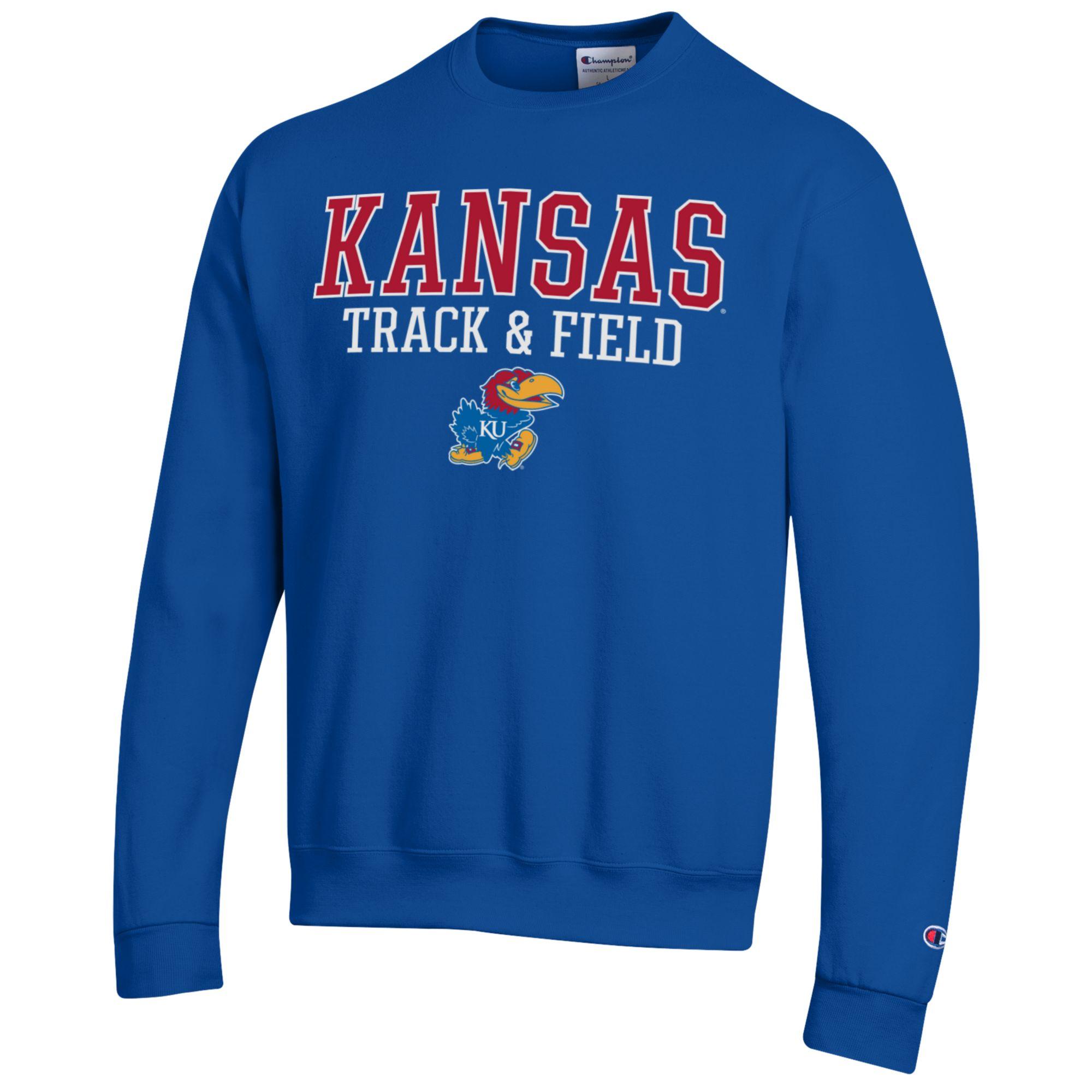Men's Champion Royal Kansas Jayhawks Track & Field Stack Powerblend Pullover Sweatshirt - Image 6