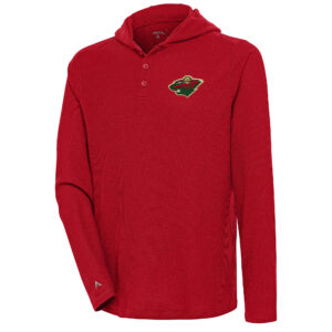 Men's Antigua  Red Minnesota Wild Strong Hold Long Sleeve Henley Hoodie T-Shirt